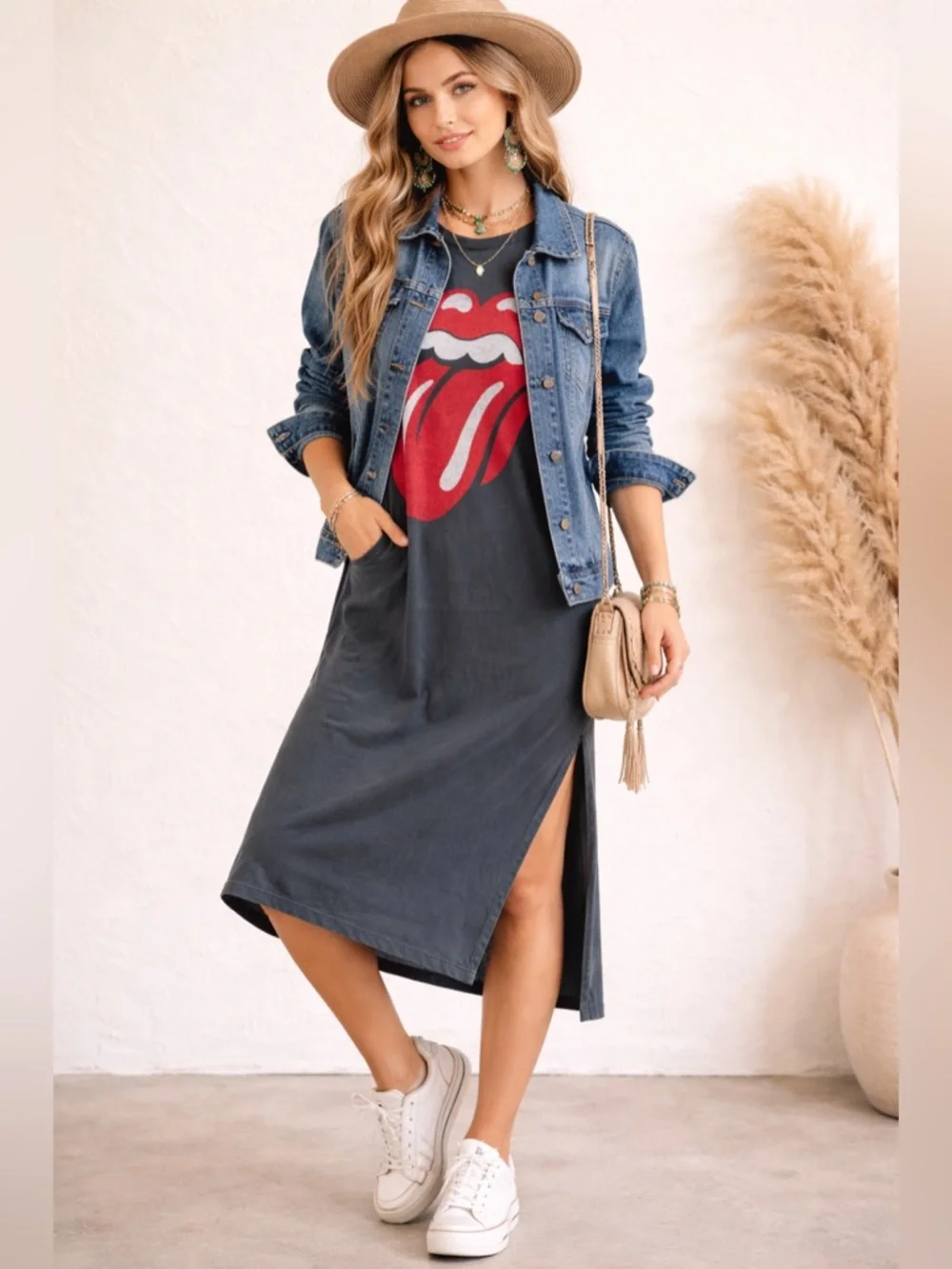 Daydreamer for Free People Rolling Stones 89 Rolled Sleeve Maxi Top Dress - Picture 3 of 10